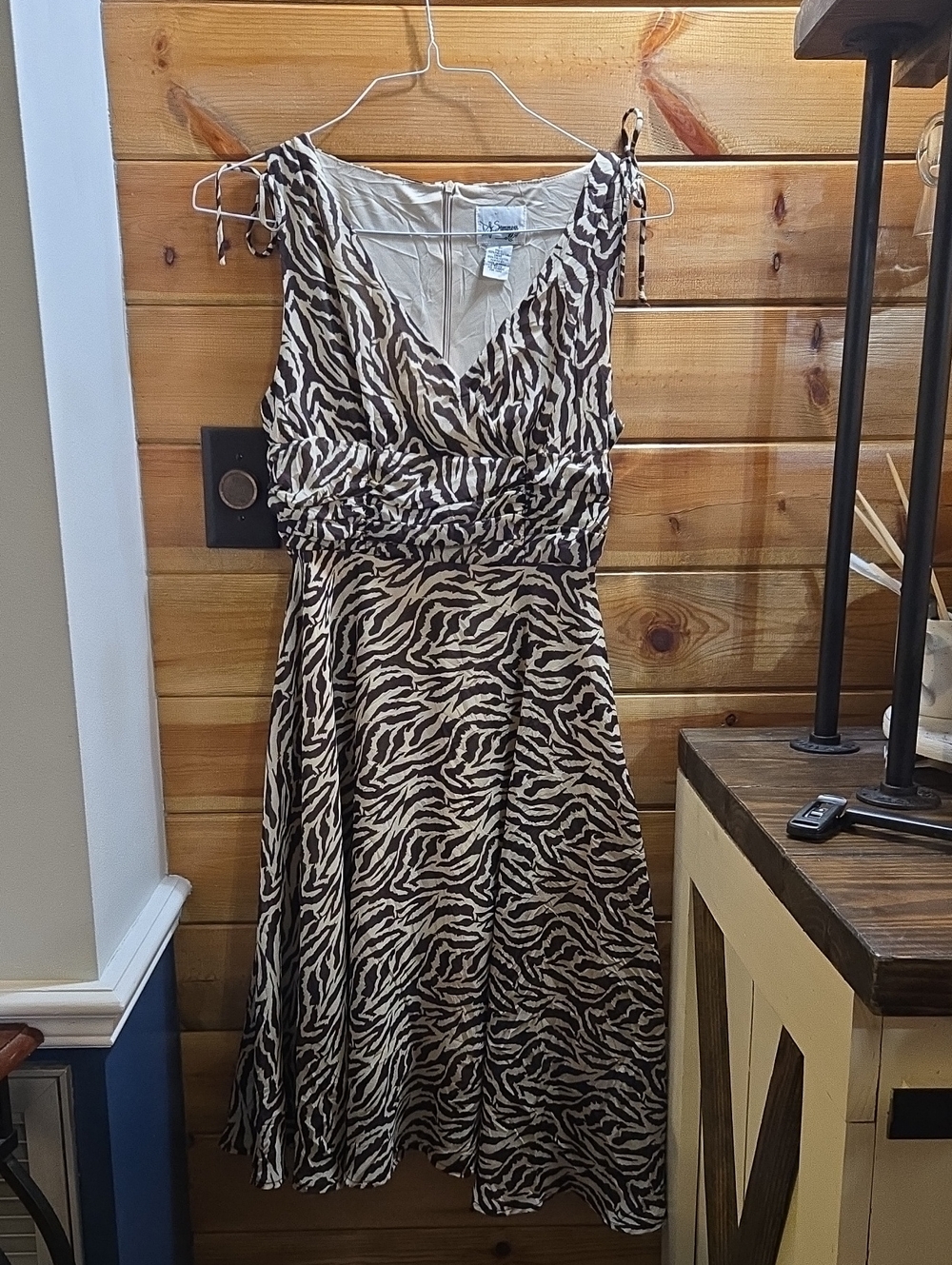 Vintage Tie-Shoulder V-Neck Midi Dress in Brown & Cream Zebra Print 8